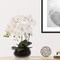 Artificial White Phalaenopsis Orchid Arrangement | 18-Inch | Elegant Black Ceramic Round Vase with Lifelike Silk Blooms & Latex Green Foliage | Table Centerpieces | Home & Office Decor